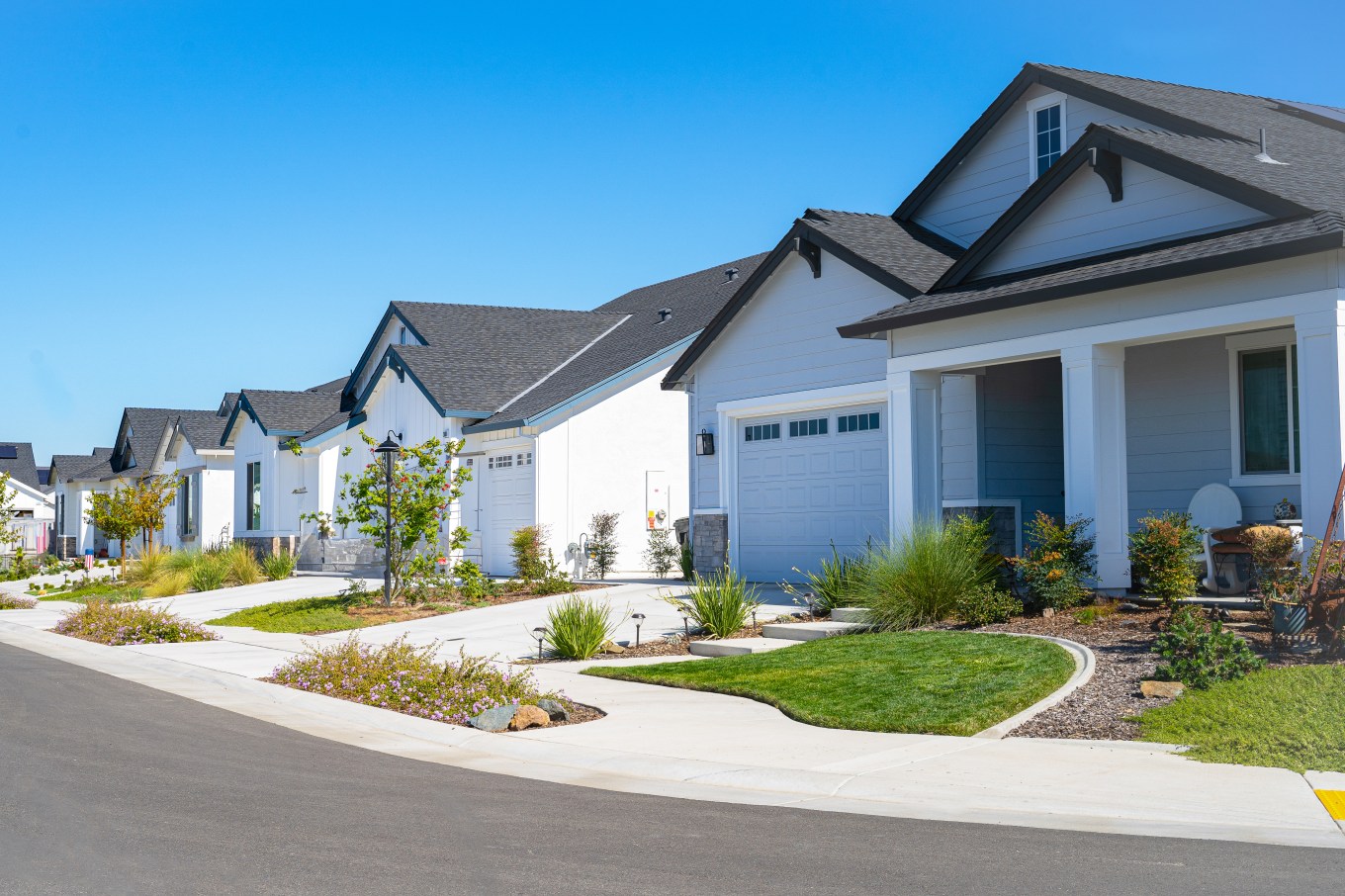 View of a row of single story suburban homes from the street.