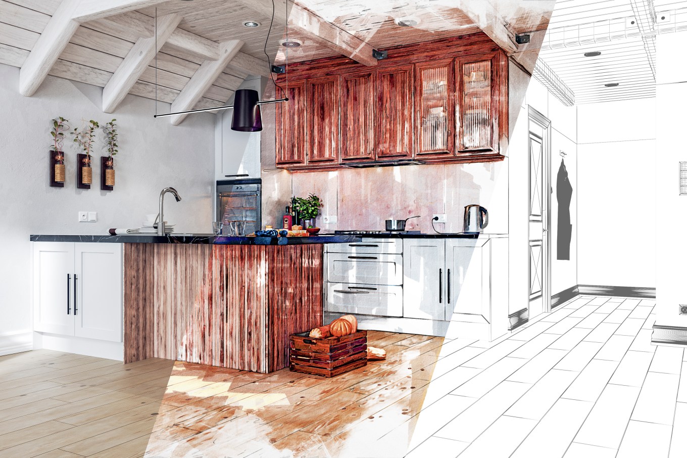 An image split into three; on the left is a modern elegant kitchen, in the middle is the a sketch with markers effect and coloring and on the right is a pencil sketch or architect's plan.