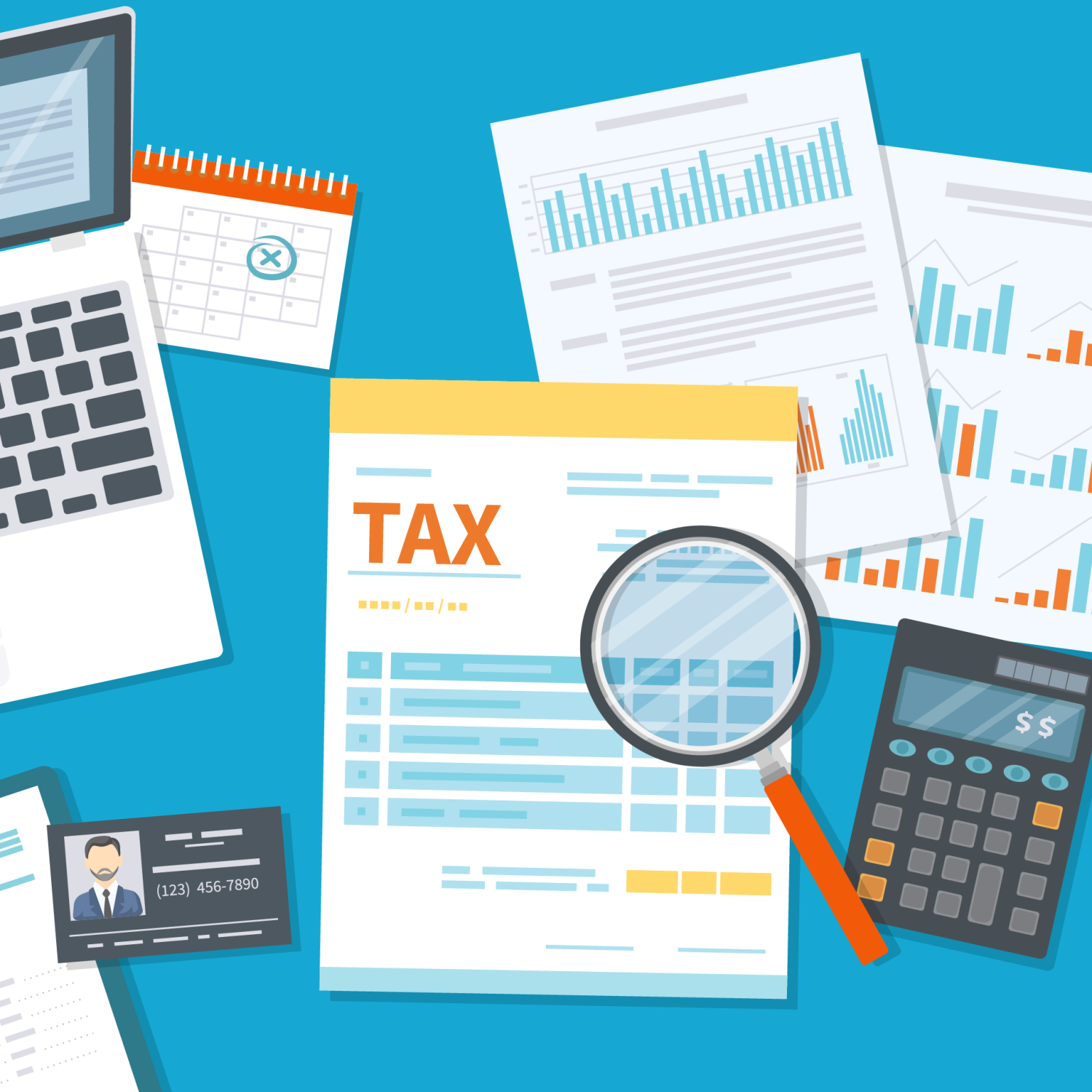 Graphic featuring a tax document, calculator, laptop, ID, calendar and more.