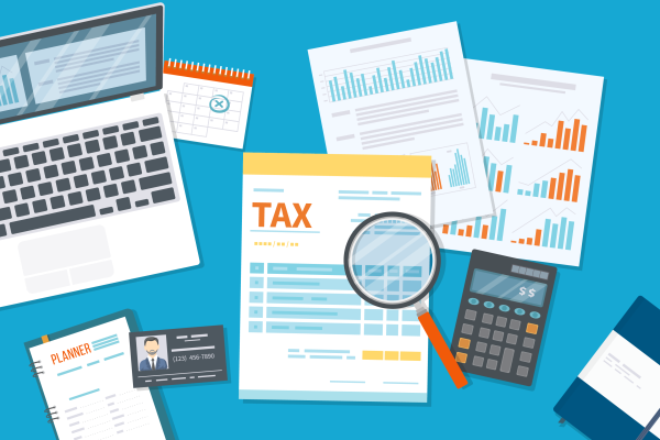Graphic featuring a tax document, calculator, laptop, ID, calendar and more.