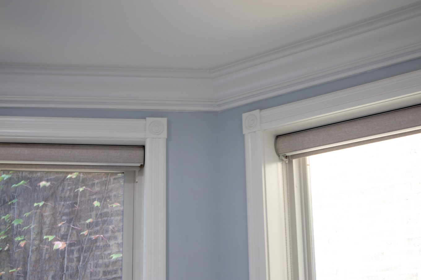 White crown molding shown above windows.