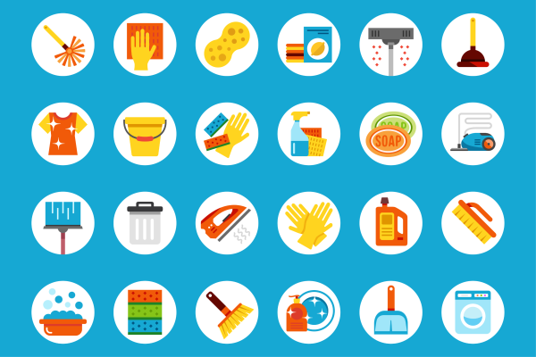 A graphic featuring multiple rows of icons depicting cleaning items like vacuums, sponges, brushes, soaps and more.