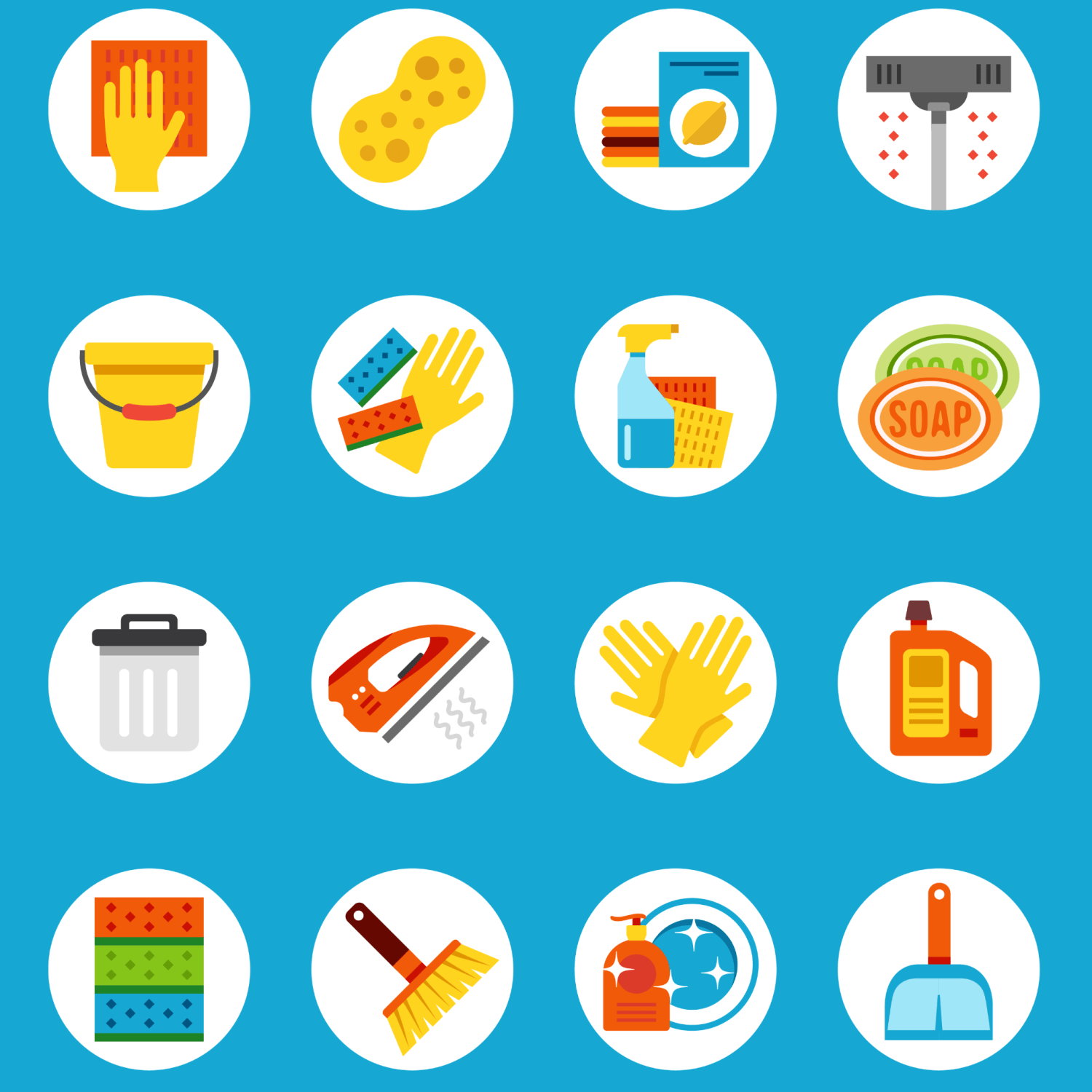 A graphic featuring multiple rows of icons depicting cleaning items like vacuums, sponges, brushes, soaps and more.