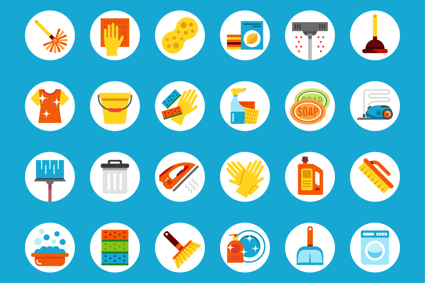 A graphic featuring multiple rows of icons depicting cleaning items like vacuums, sponges, brushes, soaps and more.