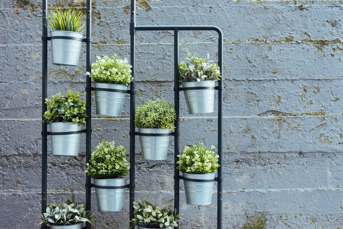 Herb wall featuring aluminium pots, hanging on black frame against a gray brick wall.