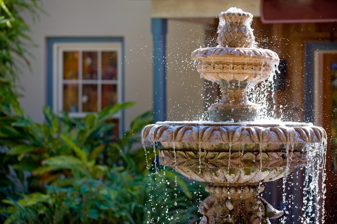 A beautiful fountain in a suburban front yard.