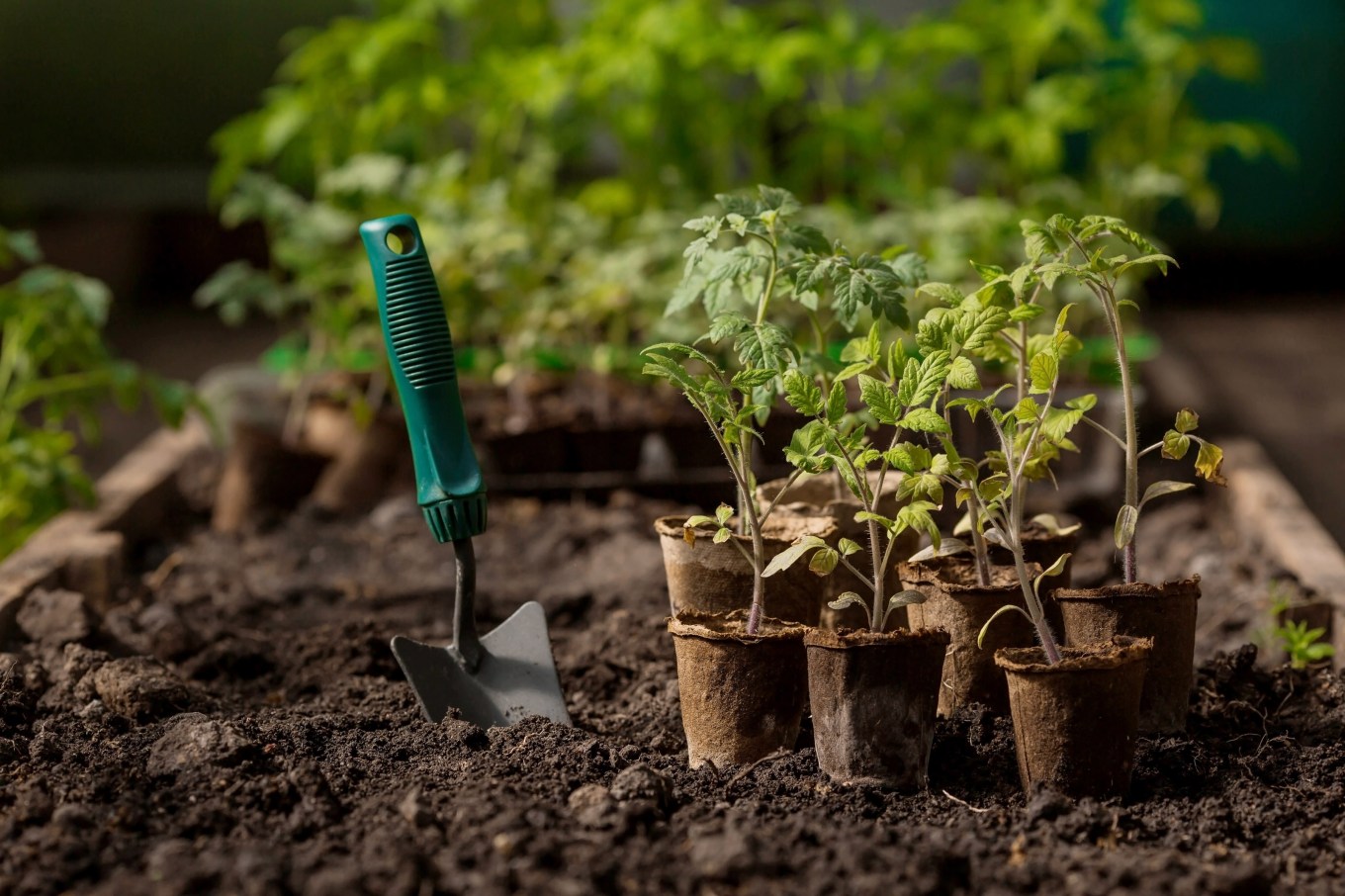 Plants ready to be placed in the garden with a hand shovel.