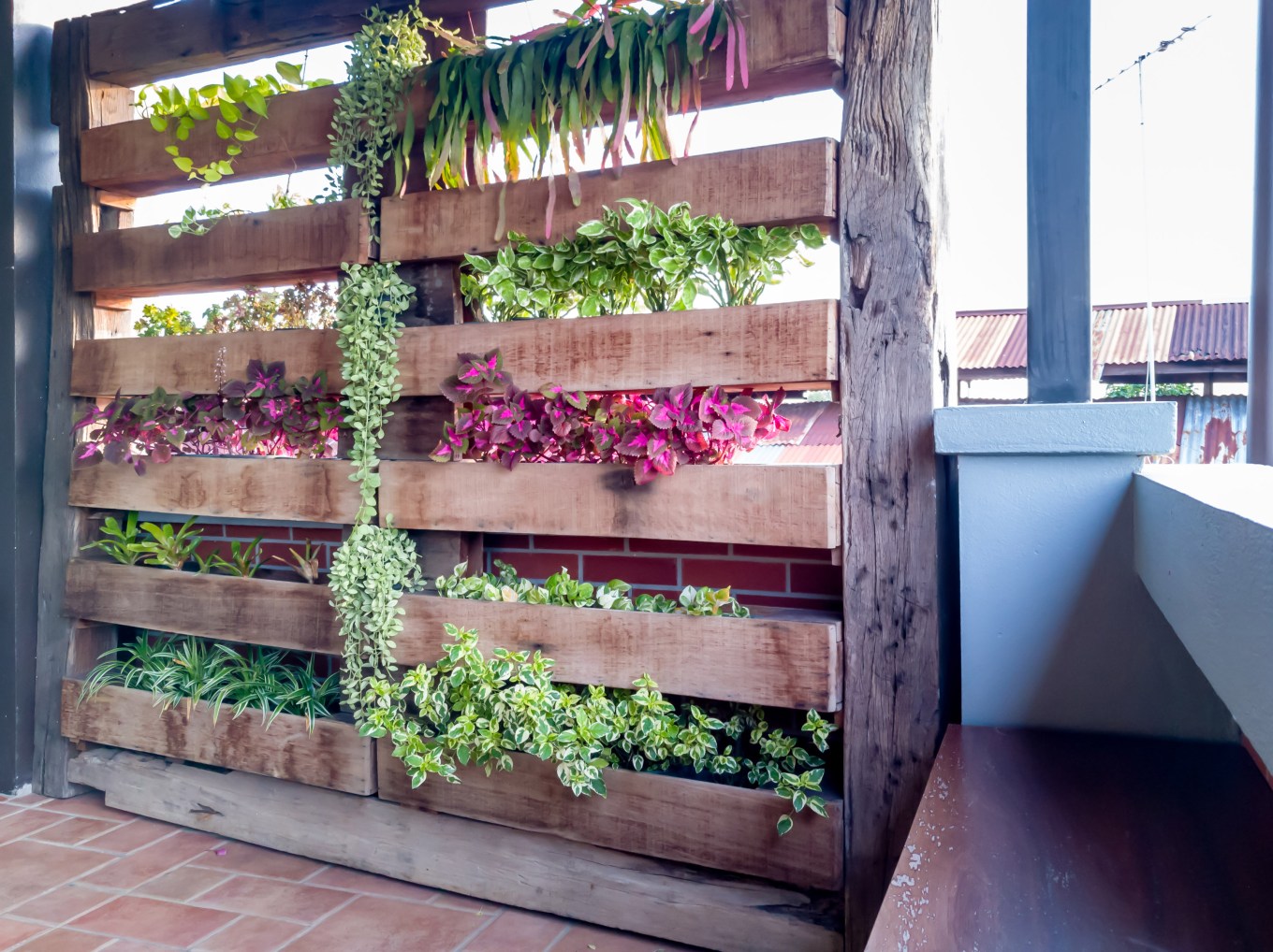 Vertical Garden made of reclaimed wood adding privacy to a deck