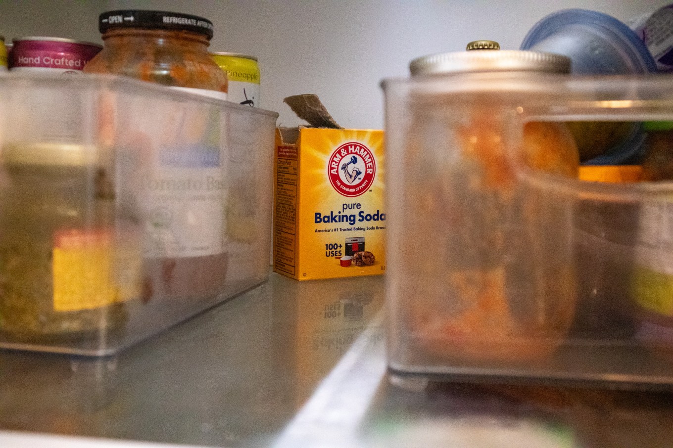 Baking soda placed in a refrigerator or fridge to eliminate strong smells.