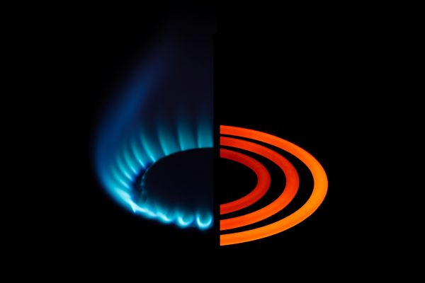A gas burner side by side with an electric burner.