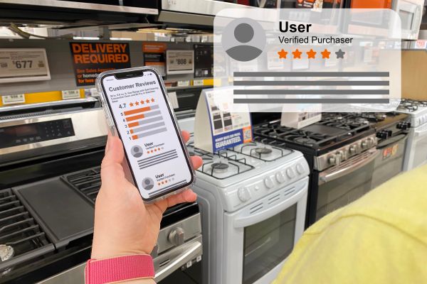A picture showing a consumer checking online reviews for appliances on their phone.