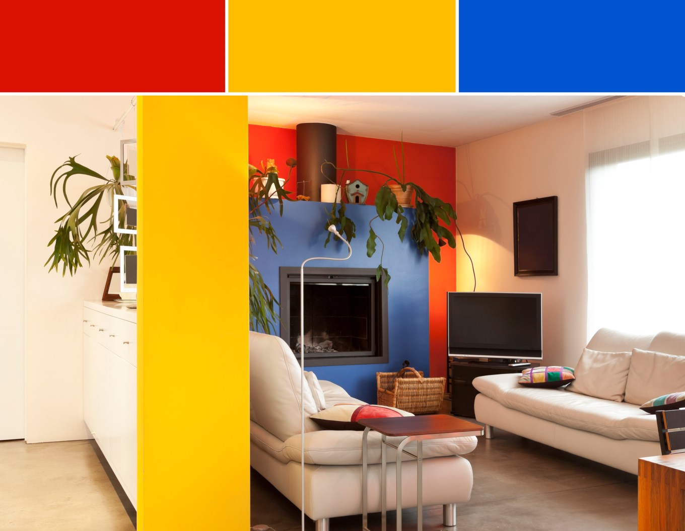 Living room decorated in a primary color scheme.