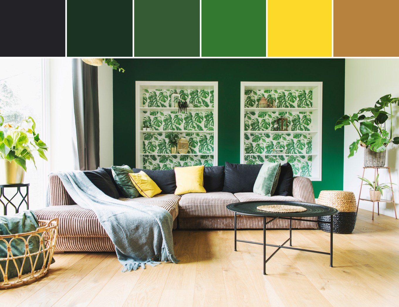 A stylish and modern living room in a monochrome green color scheme.
