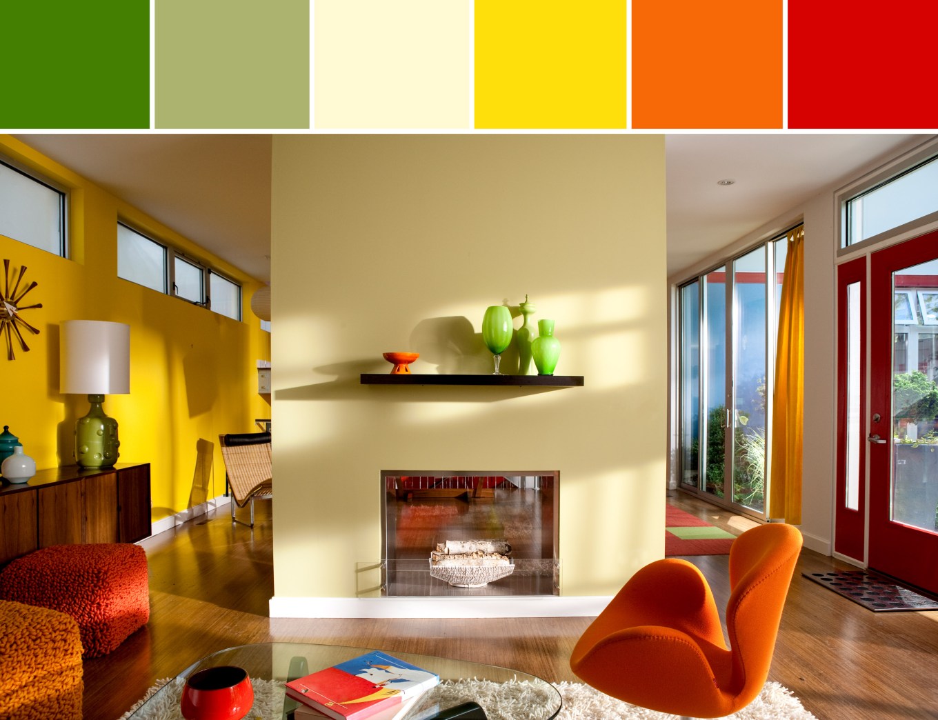 A bright and bold living room with a fireplace with a rainbow color scheme.