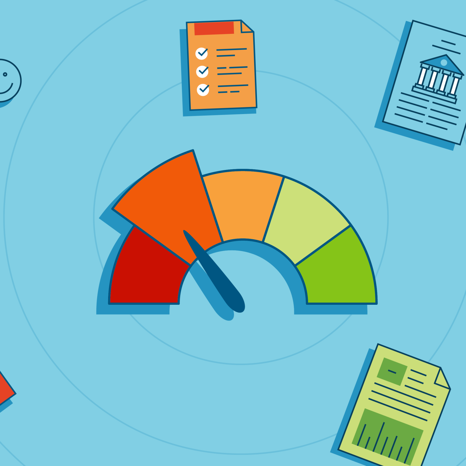 A graphic showing a scale that goes from red (bad) to green (good) like for credit in addition to several other elements like pencils and paperwork.