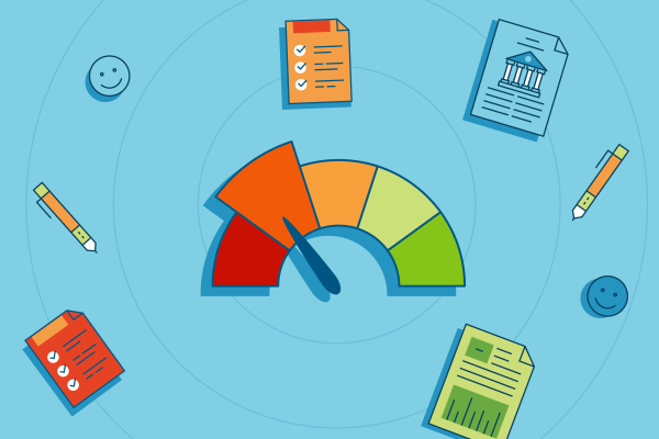 A graphic showing a scale that goes from red (bad) to green (good) like for credit in addition to several other elements like pencils and paperwork.