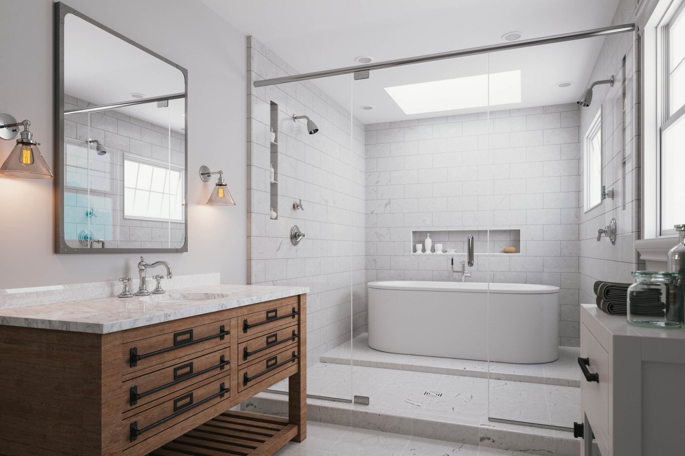 Interior of a modern luxurious bathroom with both a shower and a bathtub.