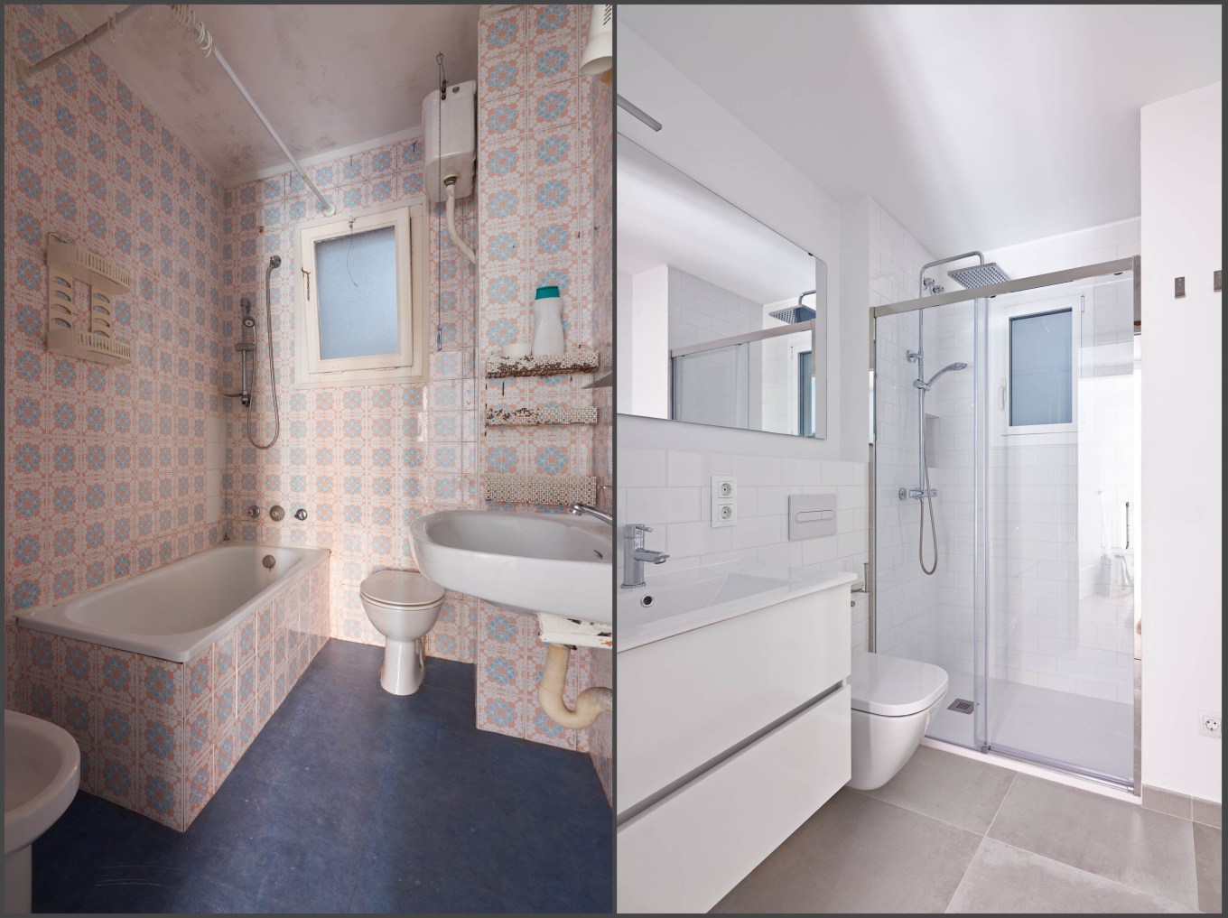 Before and after shot of a bathroom renovation where the bathtub was replaced by a shower.