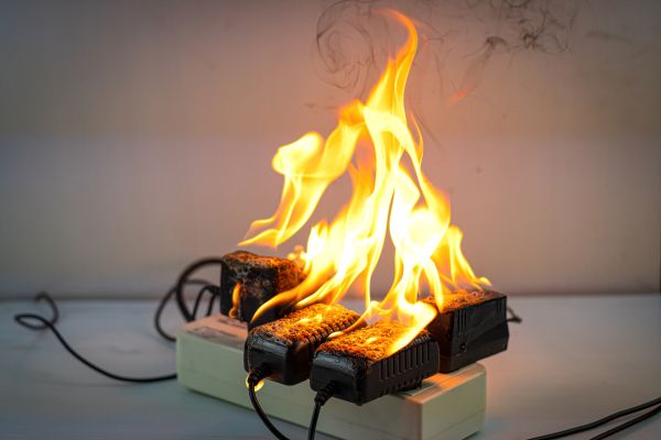 An electrical fire burning on adapters plugged in.