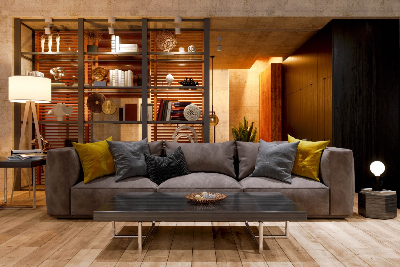 A well illuminated picture of a living room with a sofa and modern lighting.