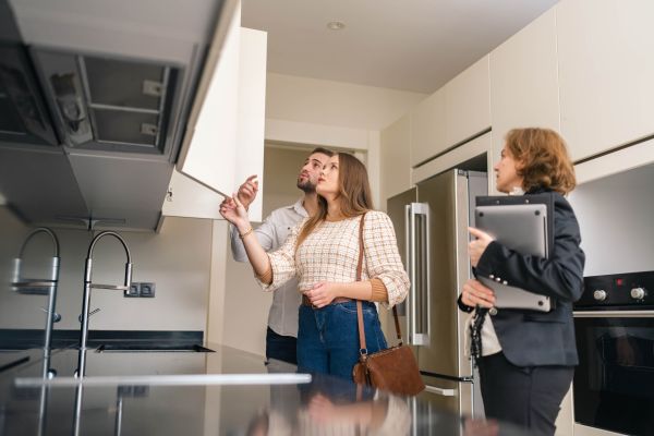 A female real estate agent showing a house with updated features to a young couple.