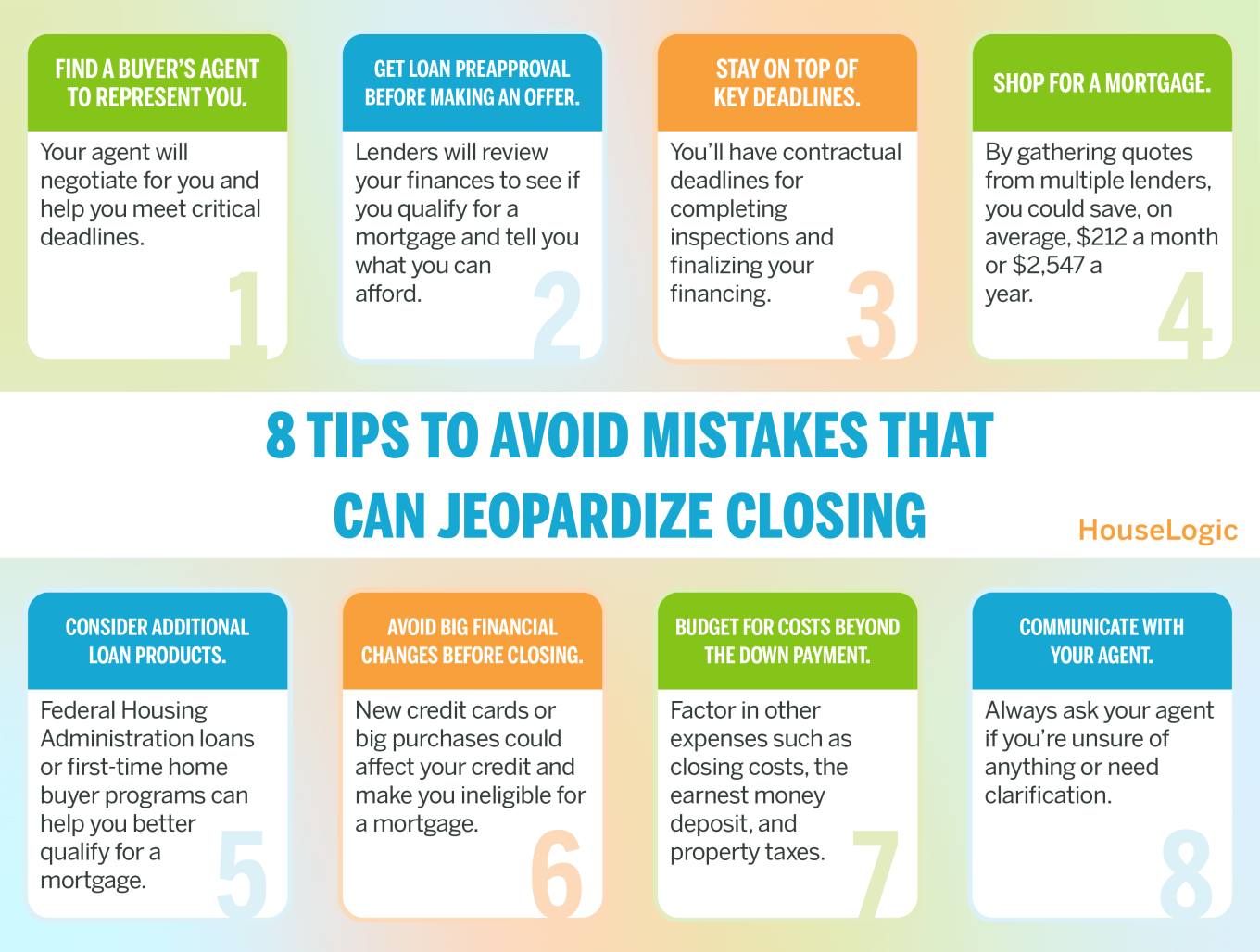 An infographic sharing 8 tips to avoid mistakes that can jeopardize closing.