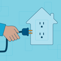 A graphic of a person plugging a device into an electrical outlet with the shape of a house around it.