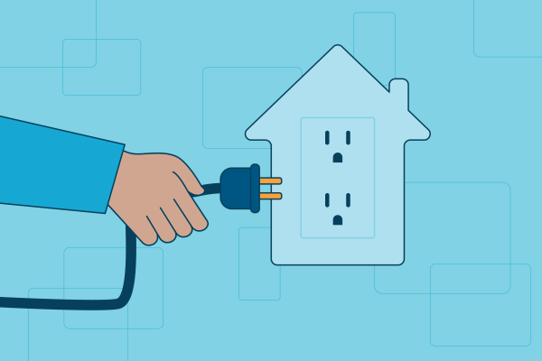 A graphic of a person plugging a device into an electrical outlet with the shape of a house around it.