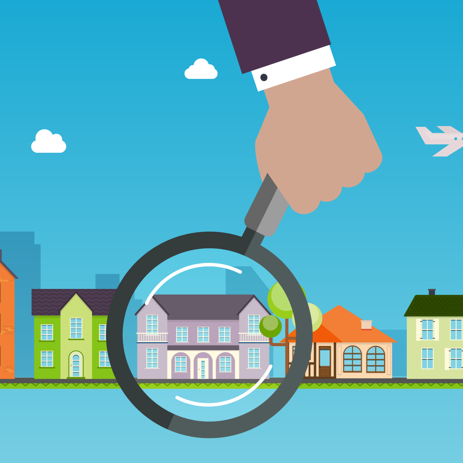 A graphic showing a magnifying glass over a house to represent house hunting.