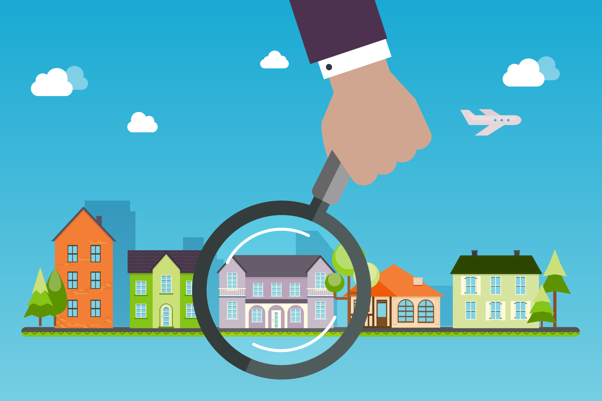 A graphic showing a magnifying glass over a house to represent house hunting.