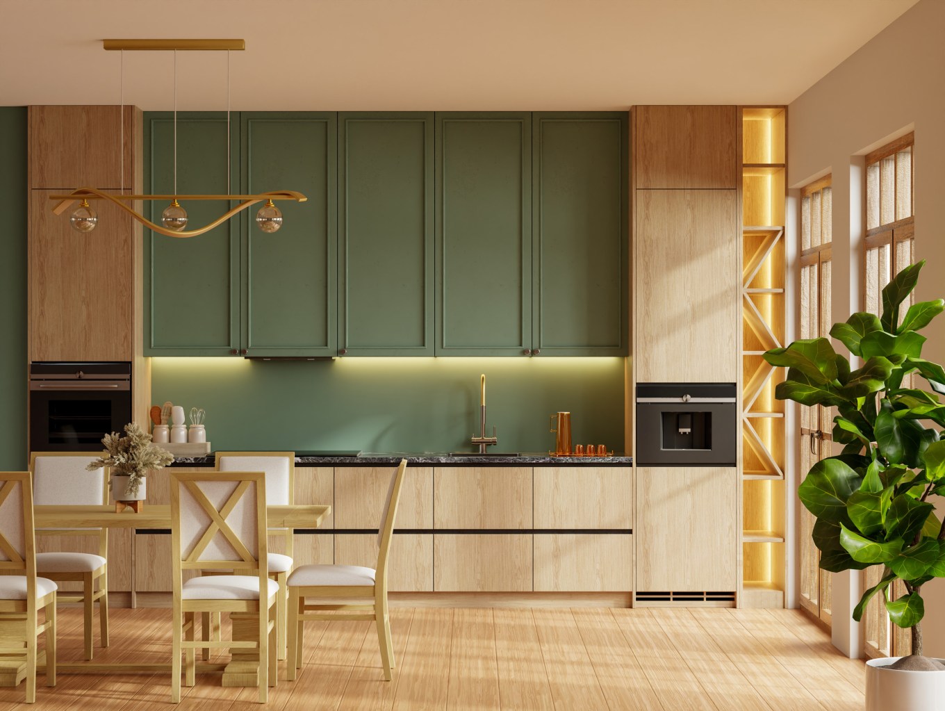 Contemporary kitchen interior featuring green upper cabinets, light wooden lower cabinets, built-in appliances, and a cozy dining area