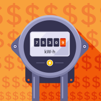 Graphic of an electrical meter on a house with rising costs in the background.