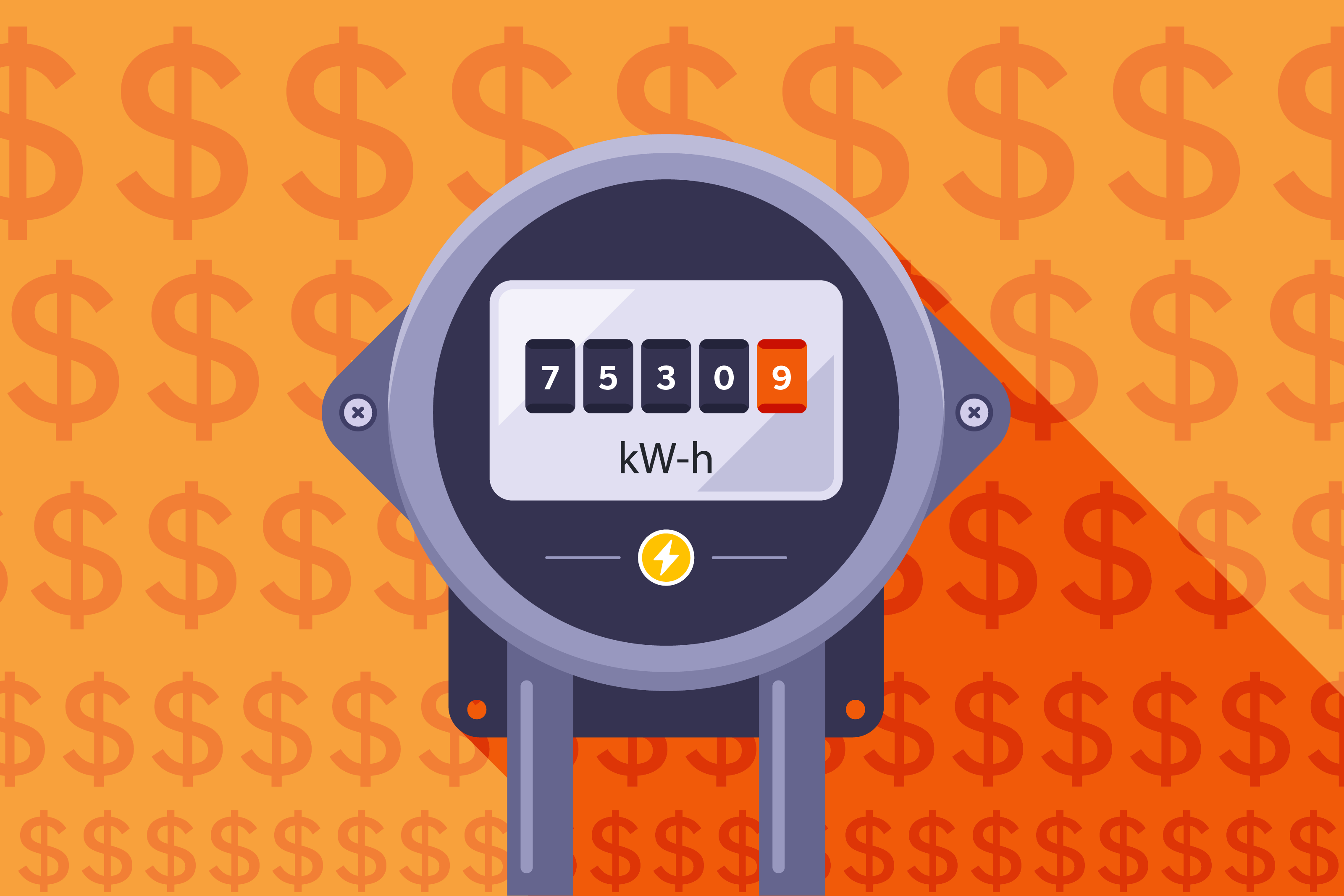 Graphic of an electrical meter on a house with rising costs in the background.