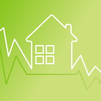 A graphic with a trend line moving downwards and the shape of a house within it to signify dropping mortgage rates.