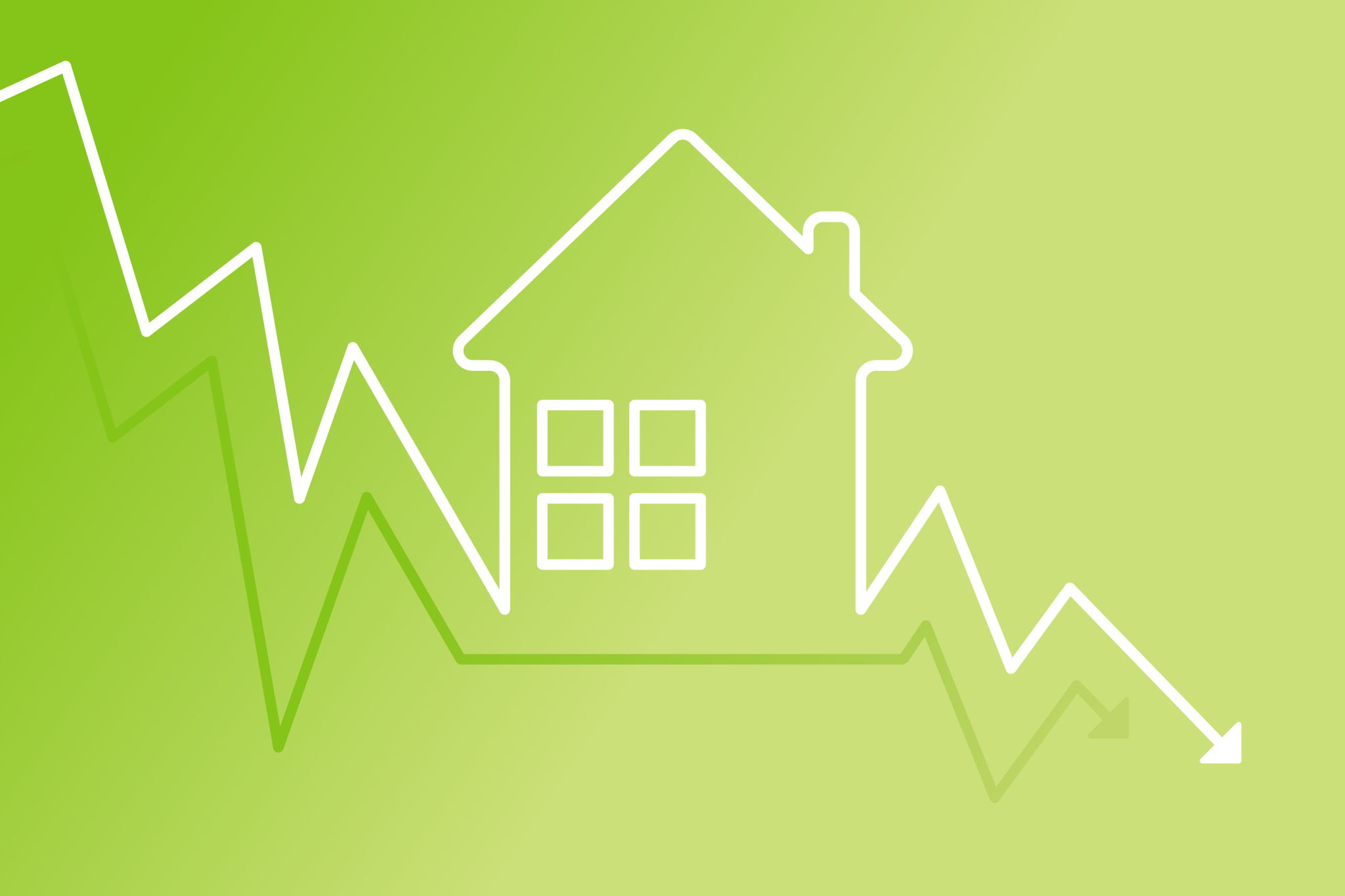 A graphic with a trend line moving downwards and the shape of a house within it to signify dropping mortgage rates.