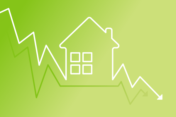 A graphic with a trend line moving downwards and the shape of a house within it to signify dropping mortgage rates.
