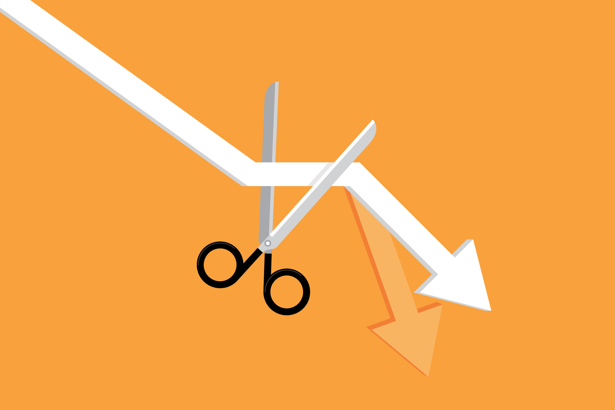 A trend line, like for mortgage rates, moving downwards with scissors about to cut it.