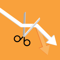 A trend line, like for mortgage rates, moving downwards with scissors about to cut it.