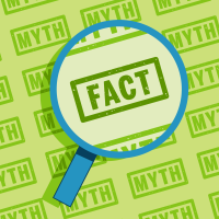A magnifying glass looking at a backdrop of "myth" and "fact" with the focus on the word "fact".