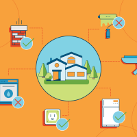 Icons of a chimney top, a refrigerator, and some other items inspectors could look at surrounding the icon of a house.