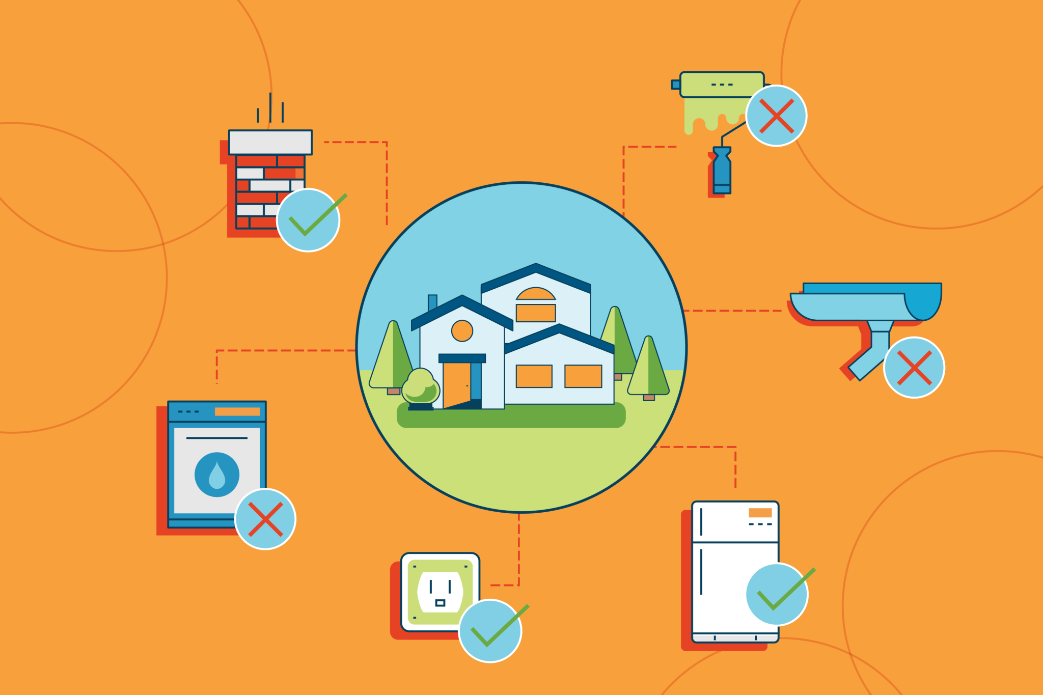 Icons of a chimney top, a refrigerator, and some other items inspectors could look at surrounding the icon of a house.