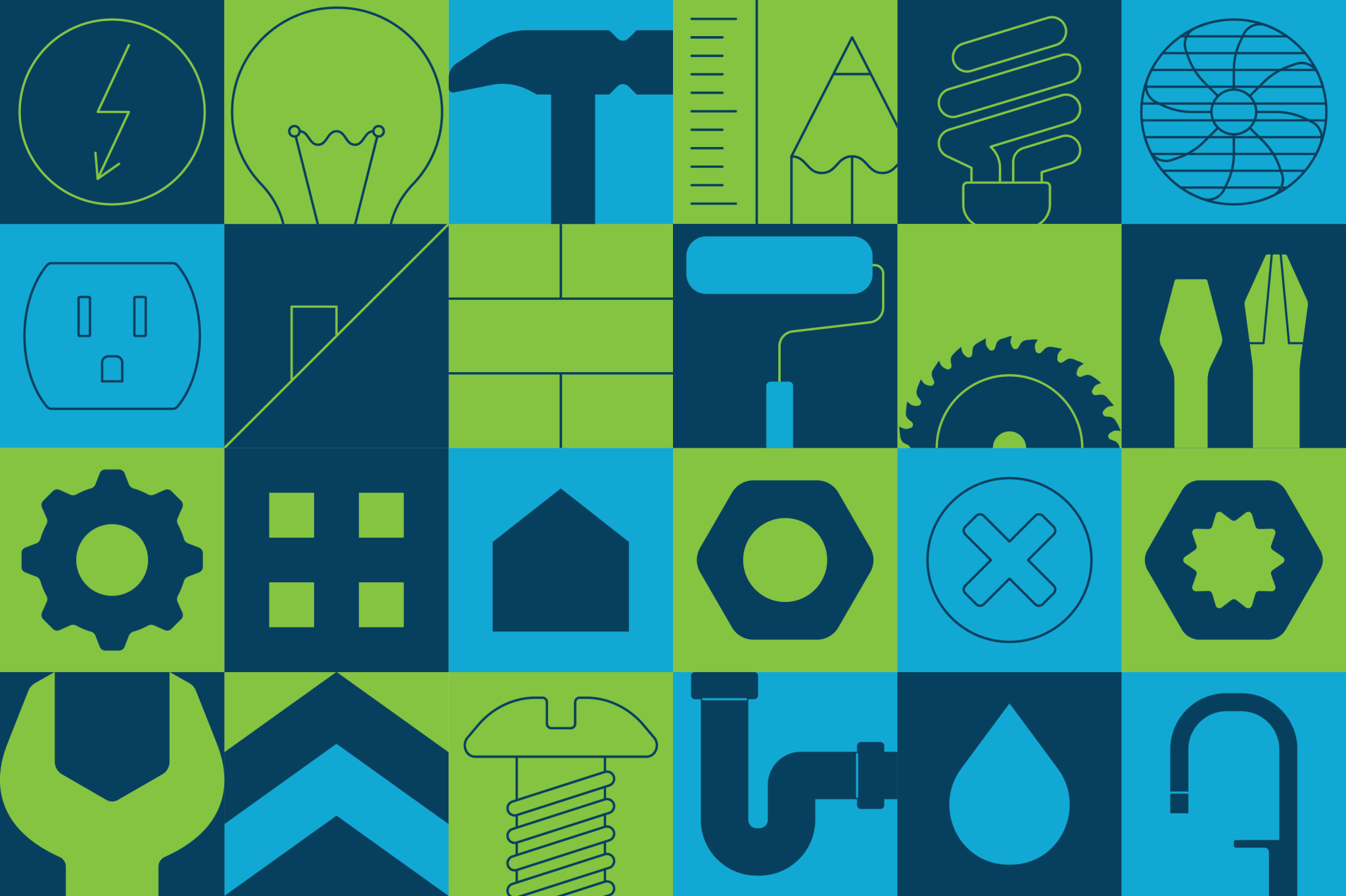 Various icons of outlets, hammers, fans, lightbulbs, screws and more representing items related to home maintenance.