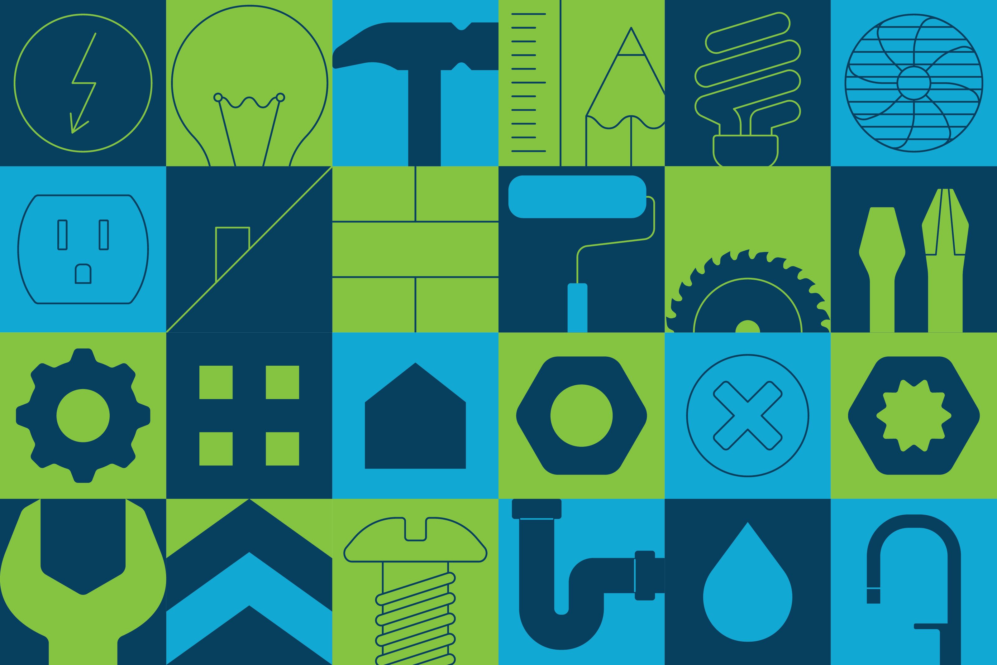 Various icons of outlets, hammers, fans, lightbulbs, screws and more representing items related to home maintenance.
