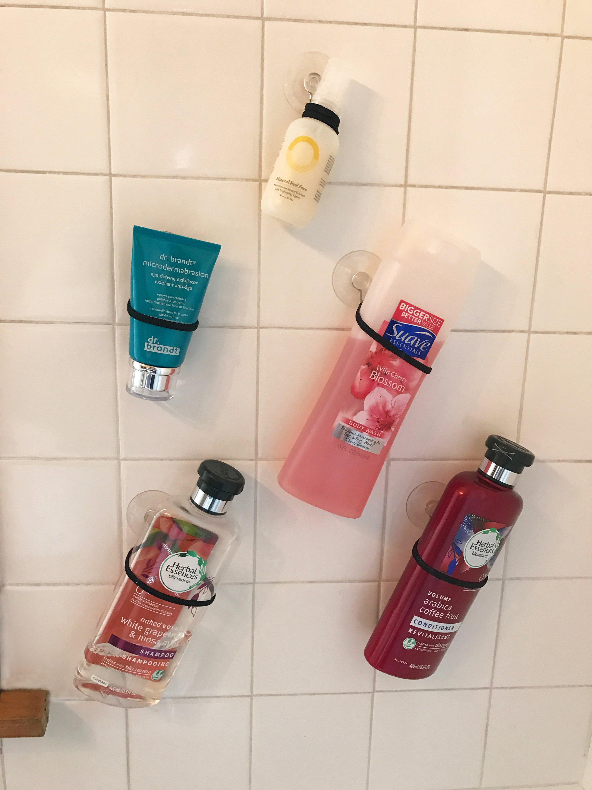 Shampoo, conditioner attached to suction cups in a shower