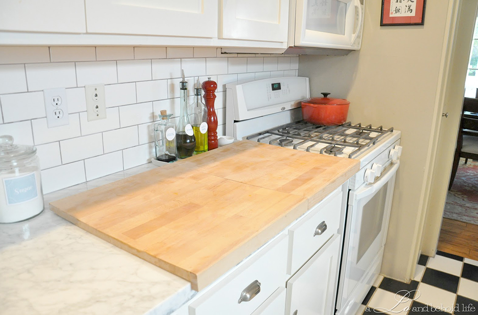 White subway tile backsplash in a kitchen