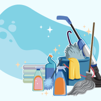 Cleaning supplies gathered together like a vacuum, cleaning agents, and a mop.