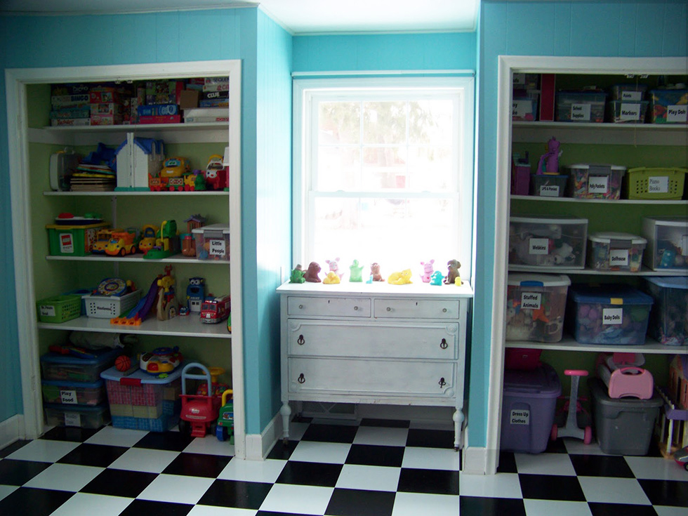 Shared kids room with separate bins for toys