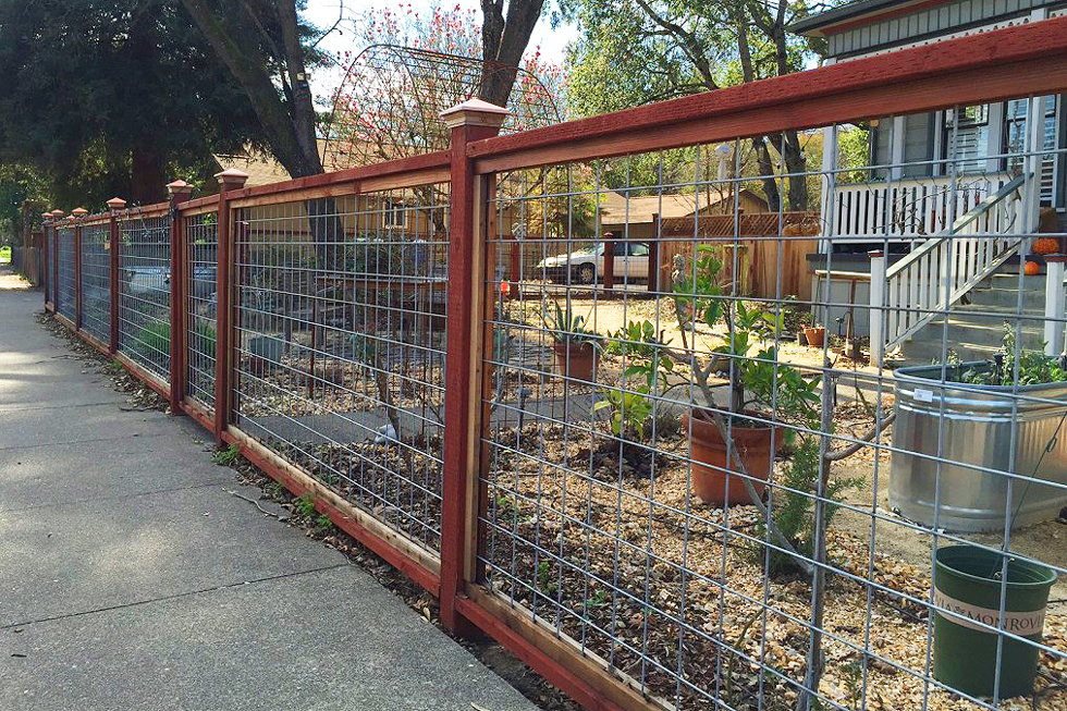 A cable rail fence in a front yard