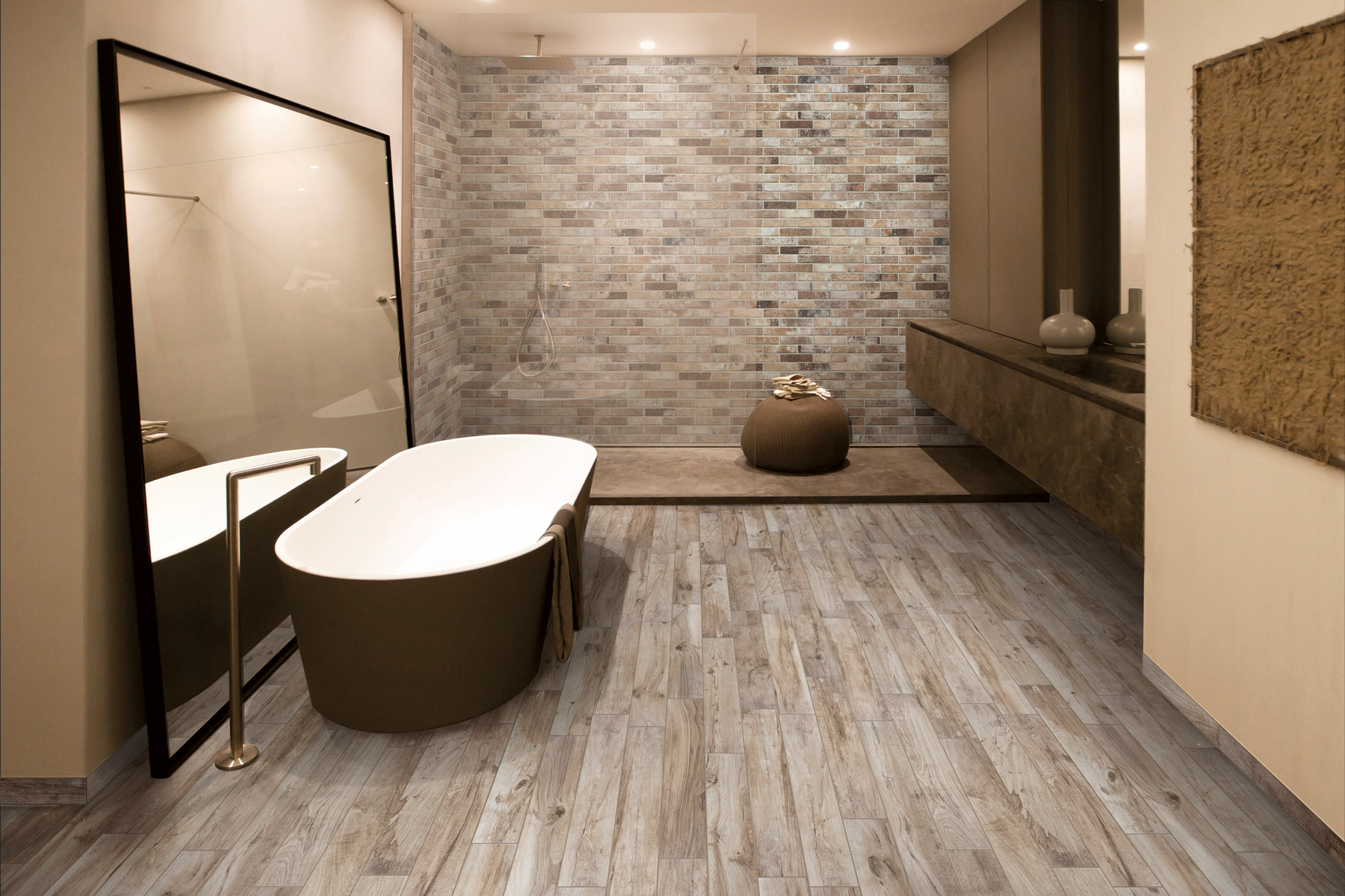 Porcelain flooring in a bathroom that looks like wood