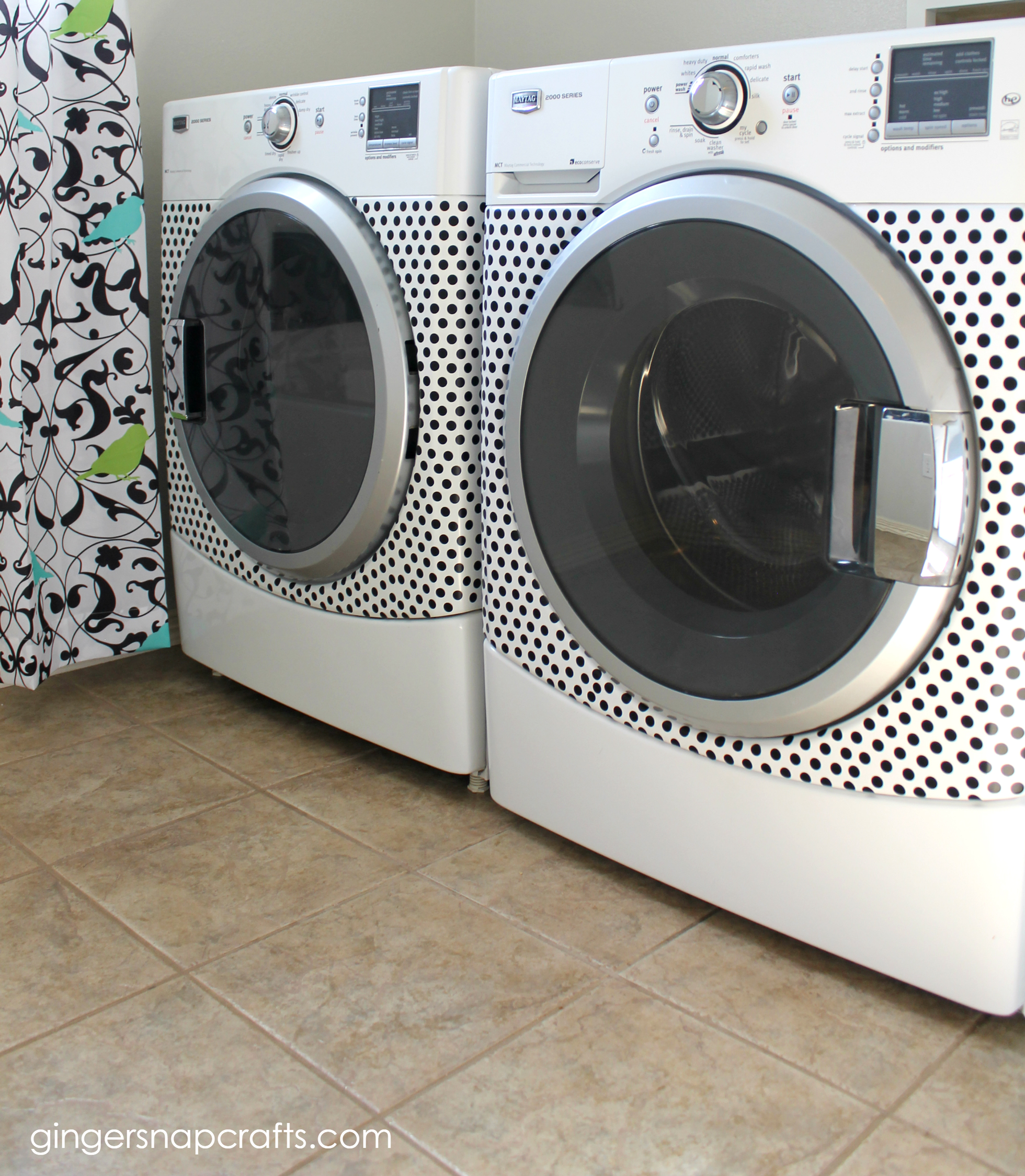 White washing machine and dryer with black polka dots